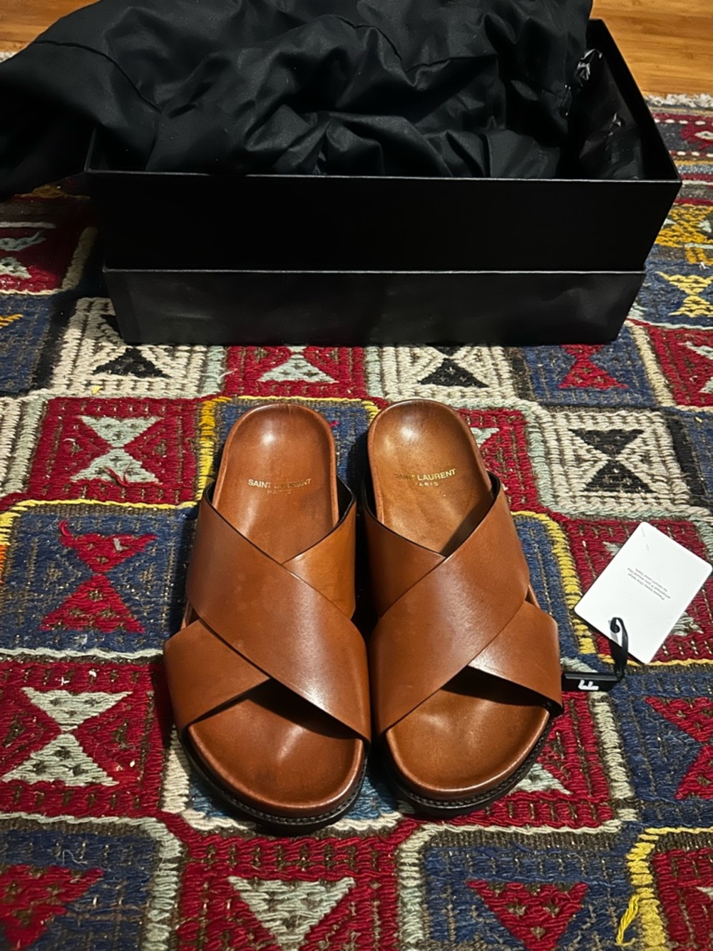 Saint Laurent Tan Brown Leather Crisscross Slide Sandals